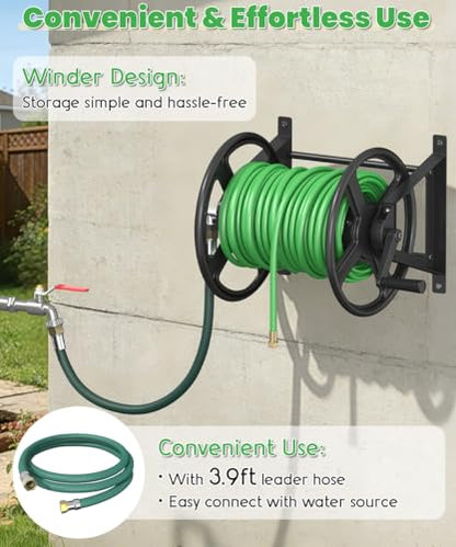 Garden Hose Reel Wall Mounted, Heavy-Duty Water Hose Holder Winder with 3.9 ft Leader Hose & Brass Fitting, Hose Hanger Storage Rack Holds 125-Feet of, 5/8-Inch, for Yard Lawn Farm, Black - color: Black