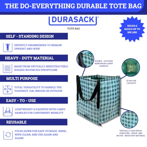 DURASACK Heavy Duty Storage Tote Bag 22-Gallon, Gingham Green - color: Gingham Green, size: Single
