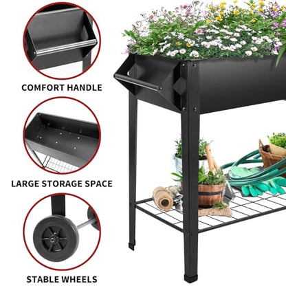 32" Rolling Raised Garden Bed with Wheels, Metal Elevated Planter Box