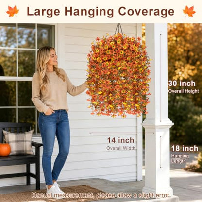 Artificial Hanging Flowers for Outdoors, 2 PCS 344-Bloom UV Resistant Mums - color: Orange Yellow Gradient