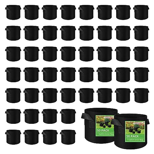 LITLANDSTAR 50 Pack 1 Gallon Plant Grow Bags, Breathable Felt Non-Woven Aeration Fabric Plant Grow Pots, Garden Planting Containers for Nursery Vegetable Flower Grow Bags with Handles (7.1x5.9inch) - size: 1 Gallon