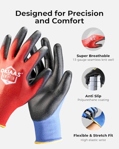 OKIAAS PU Coated Work Gloves Men, Ultra Grip & Lightweight, 60 Pairs Bulk - color: Black (60 Pairs), size: Medium
