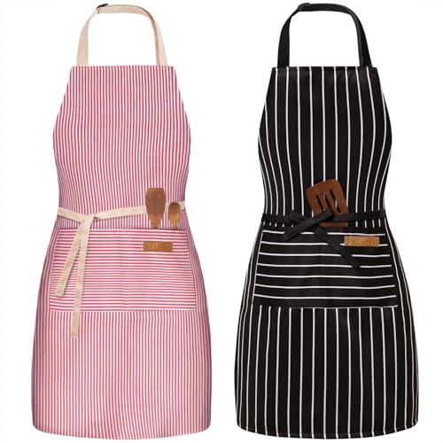 BeLuyi 2 Pack Adjustable Bib Apron with 2 Pockets Chef Cooking Kitchen Restaurant Aprons for Women Men - color: Red/Black Stripes