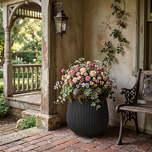16" Pear-Shaped Fluted Planter - Handmade Fiberglass Composite - color: Black, size: Pear-shaped