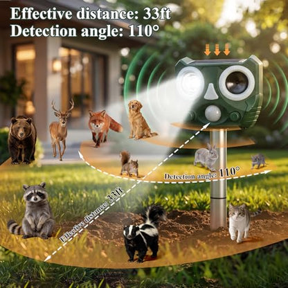 Upgraded Outdoor Ultrasonic Solar Animal Repellent with Flash Light,Sound
