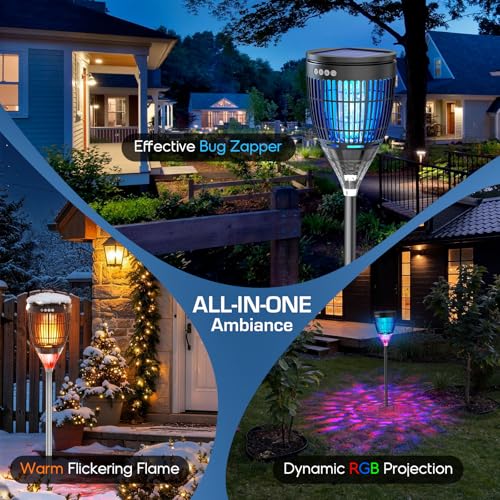 Solar Bug Zapper Outdoor, Mosquito Zapper with Flame & Projector Light - color: Black