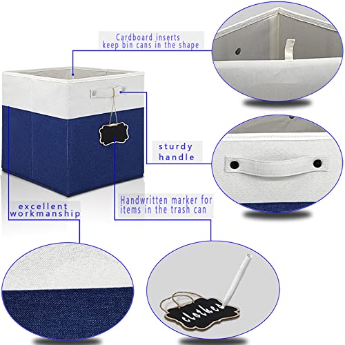12x12 Collapsible Fabric Storage Cubes, Set of 4, White Blue, Linen Cardboard, 40 lbs Capacity, Kallax Compatible - color: white & blue-4pack, size: 12''x12''x12''