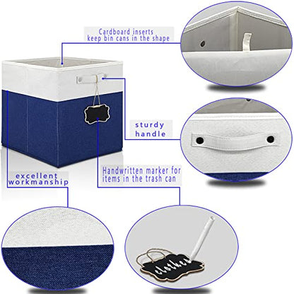 12x12 Collapsible Fabric Storage Cubes, Set of 4, White Blue, Linen Cardboard, 40 lbs Capacity, Kallax Compatible - color: white & blue-4pack, size: 12''x12''x12''