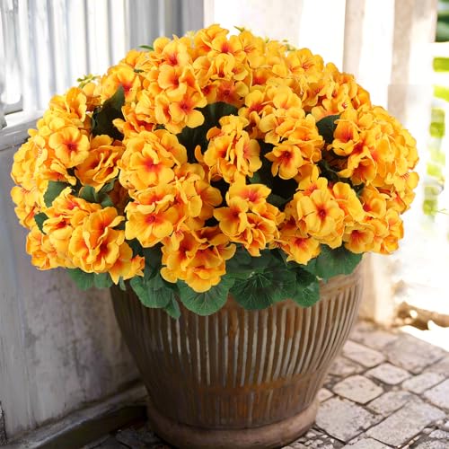Hananona 6 Pcs Artificial Geranium Flowers for Outdoors Geranium Silk Flowers Outdoor UV Resistant Garden Plants Faux Flowers for Home Kitchen Table Centerpieces Decor (6, Yellow) - color: Yellow