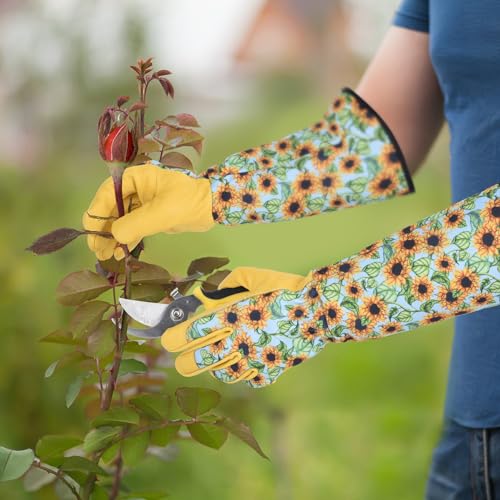 WOHEER Long Gardening Gloves for Women Thorn Proof,Rose Pruning Cowhide Leather Garden Glove for Cactus, Rose and Blackberry - color: Large-blue