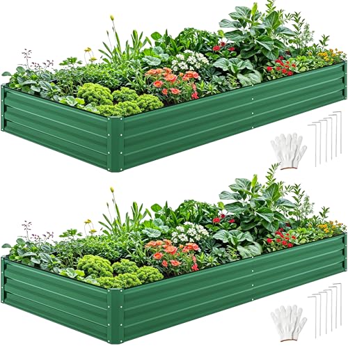 DWVO 2pcs 8 x 4 x 1 FT Raised Garden Bed Kit, Outdoor Galvanized Flower Bed with Safety Rubber and Gloves, Large Metal Planter Box for Vegetables, Flowers, Herbs, Fruits, Green - color: Green, size: 8x4x1ft 2pcs