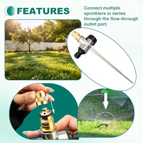 2 Pack Metal Lawn Sprinkler 360° Adjustable Brass Nozzle Spike Base