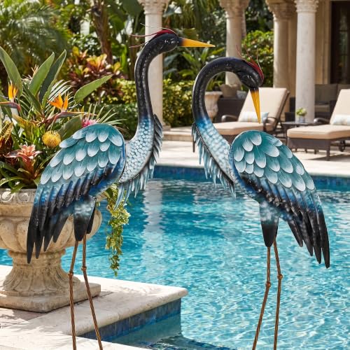 3.7ft Tall Blue Heron Metal Yard Art, XL Crane Statue Decor, S/2 - color: 45" Crane Gradient Blue