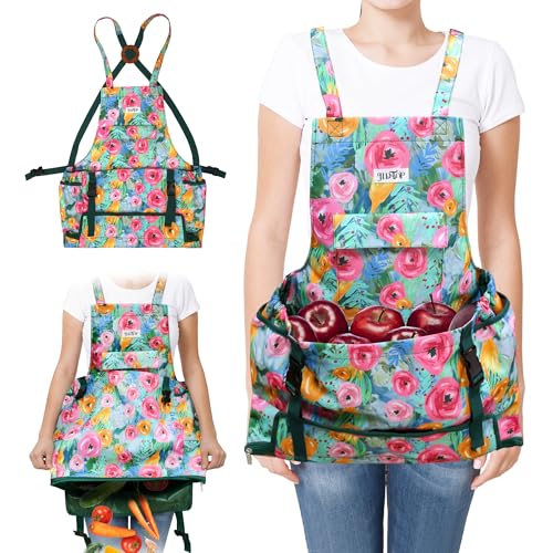 Garden Harvest Apron for Women, Fruit Picking Apron with Quick Release Bottom - color: Green Floral