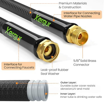 Garden Hose 25Ft, Flexible Lightweight Water Hose, Brass Fittings, Black - size: 25FT