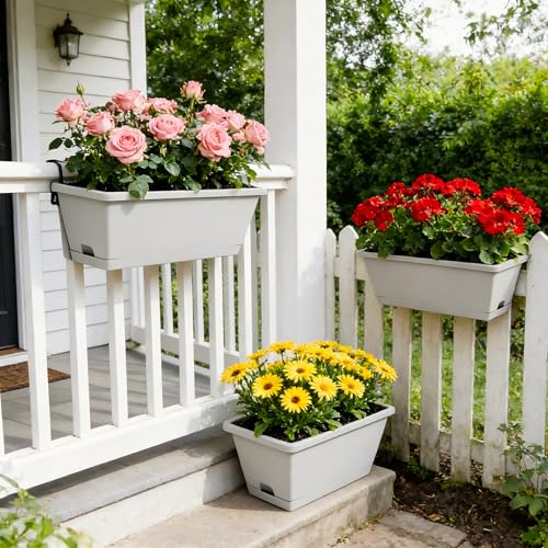 8pcs Rectangle Window Boxes Planters, 17 Inches Long Window Sill Planter Box Outdoor, Plastic Rectangular Window Flower Herb Pots Indoor with Drainage Holes and Trays for Garden Windowsill Light Grey - color: Light Grey