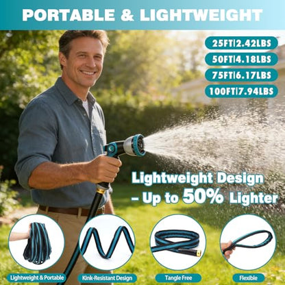 50FT Garden Hose, Kink-Free Non-Expandable Flexible Water Hose with 10-Pattern Spray Nozzle, Lightweight Leakproof Flat Hose with 3/4” Solid Brass Connector for Yard, Lawn & Outdoor Use - size: 50FT