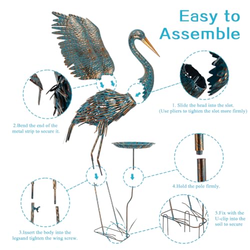 Large Heron Outdoor Statues with Leaf Tray - color: Blue & Gold-heron