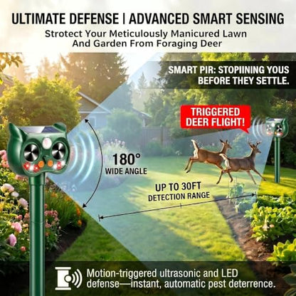 2Pack Upgraded Deer Repellent Devices Solar Ultrasonic Animal Repellent Outdoor with Motion Sensor Strobe Light for Squirrel Raccoon Rabbit Cat Bird Volume Control Keep Pests Out of Yard Farm