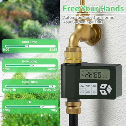 Hose Faucet Water Timer for Outdoor Garden with Brass Inlet, Ortis Programmable Sprinkler Timer with Rain Delay/Manual/Automatic Mode, IP67 Leak-Proof Design for Lawn Yard, 1 Outlet