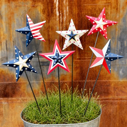 4th of July Decorations Outdoor 19" Metal Barn Star 6-Pack, Patriotic Outdoor Decorations, Rustic Iron Decorative Garden Stakes with American Flag Stars for Yard Patio Lawn - color: Red White&blue-66