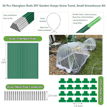 Garden Hoops Grow Tunnel, 6 Sets 8ft Rust-Proof Fiberglass Frame, 36pcs