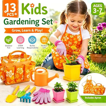 Kids Gardening Set for Girls Boys Ages 3-7,13PCS Garden Tool Kit with Apron,Tote Bag,Outdoor STEM Learning Toy,Garden Gifts for Kids