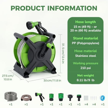 Garden Hose Reel with Stand, 65ft 304 Stainless Steel Garden Hose