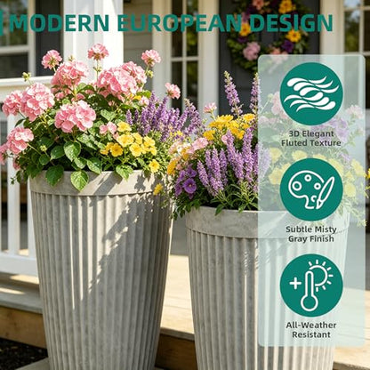 Autodaya 20" Resin Outdoor Tall Planters Set of 2, Ivory Fluted - color: Concrete Fluted-20"h