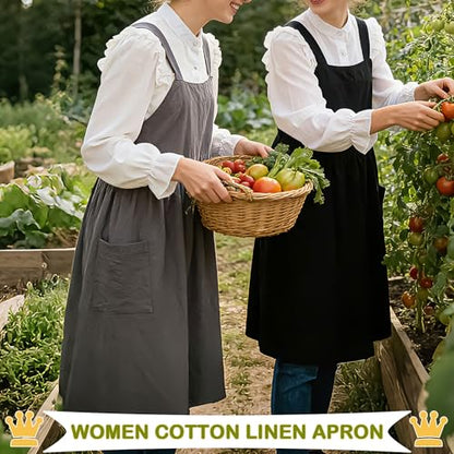 Cotton Linen Apron Cross Back Apron for Women with Pockets Pinafore Dress - color: 2 Pack-black+gray