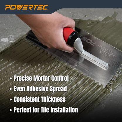 POWERTEC Square Notch Trowel - 1/4" x 3/8" Stainless Steel Square-Notch Tile Trowel with Soft Grip Handle for Thinset Mortar, Mastic & Tile Installation Work (72781) - style: 1/4" x 1/4" Square Notch