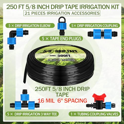 Tondiamo 250ft 16mil 5/8" Drip Tape Irrigation Kit, 6" Spacing Hose