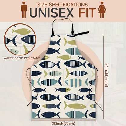 Apron with Pockets for Women, Adjustable Kitchen Cooking BBQ Chef Apron, Gifts for Mom Birthday, or Holidays - color: Cute Fish Boho