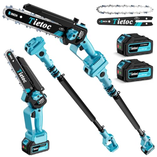 TIETOC 2-in-1 Brushless Pole Saw for Tree Trimming – 8/6" Mini Electric Chainsaw with 2×4000mAh Batteries, Auto Oiling, Tool-Free Adjustment,Cordless Battery Powered Saw for Home Garden Branch Cutting - color: Light Blue - 6 & 8 Inch-2 Batteries