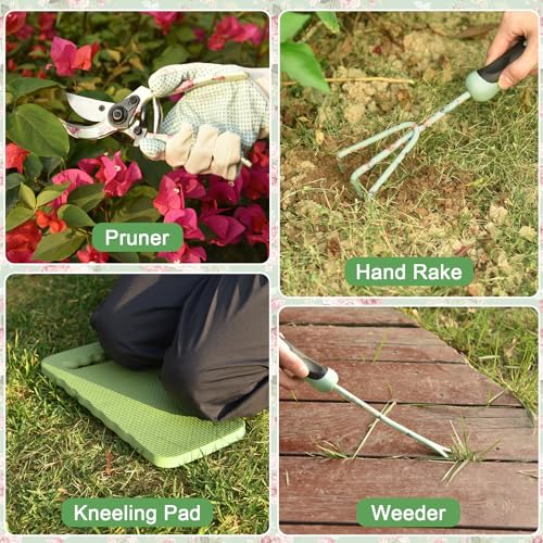 WisaKey 10 Piece Gardening Tools Heavy Duty Garden Tools Set Handbag, Green