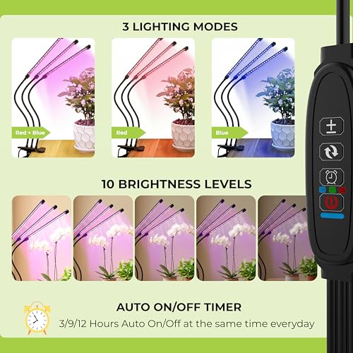 LED Grow Light Clip on Table 3 Light Tubes Growing Lamp with Red, Blue LEDs for Indoor Plants, Selectable Spectrum, 10 Brightness Level Dimmable Auto Timer 3/9/12 Hrs, USB Plug