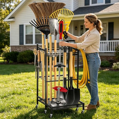 Garden Tool Organizer Rack with Wheels Up to 30-35 Tools, Heavy-Duty Steel Yard Tool Organizer for Garage Storage with 11 Hooks, Broom Holder & Garden Tool Rack for Shed, Patio, Lawn, Outdoor, Black