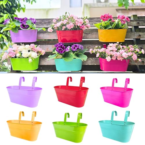 LaLaGreen Hanging Rail Planter (17 in, 6 Pack) Colorful Metal Fence Pots - color: Assorted G X 6 Pack