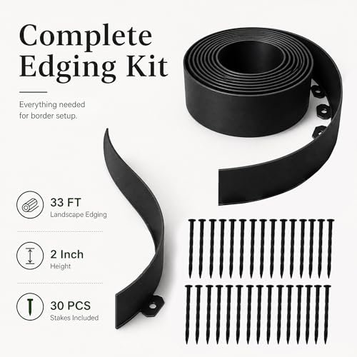 33 FT Garden Edging Border, 2 Inch Flexible Landscape Edging Kit with 30 PCS Stakes, No-Dig Tool-Free Plastic Lawn Border for Flower Beds, Yard Pathways, Landscaping Projects & Outdoor Garden Decor