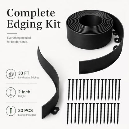 33 FT Garden Edging Border, 2 Inch Flexible Landscape Edging Kit with 30 PCS Stakes, No-Dig Tool-Free Plastic Lawn Border for Flower Beds, Yard Pathways, Landscaping Projects & Outdoor Garden Decor