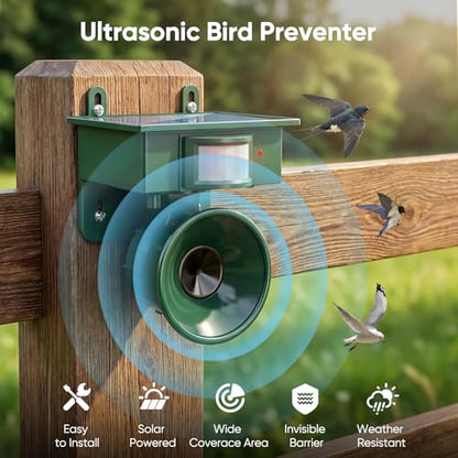2026 Upgraded Solar Ultrasonic Bird Repellent Devices Outdoor (2-Pack)