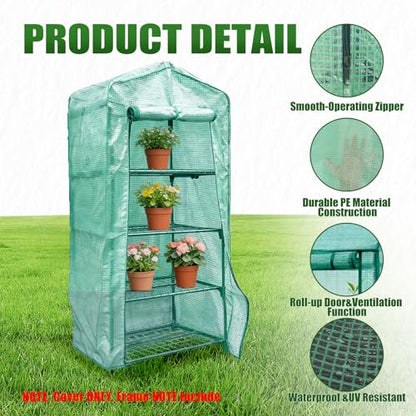 4 Tier Mini Greenhouse Replacement Cover 63×27.2×19.3in, Frame Not Included - color: Green-63" x 27.2" x 19.3"(PE)