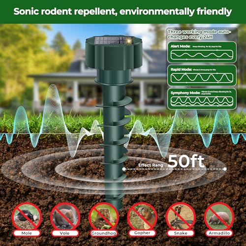 Solar Mole Repellent Stakes Outdoor – Ultrasonic Snake, Gopher & Vole Deterrent for Yard, Waterproof IP65 Solar Powered Animal Repeller for Lawn Garden, Rabbit Skunk Groundhog Control (4 Pack)