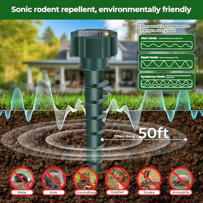 Solar Mole Repellent Stakes Outdoor – Ultrasonic Snake, Gopher & Vole Deterrent for Yard, Waterproof IP65 Solar Powered Animal Repeller for Lawn Garden, Rabbit Skunk Groundhog Control (4 Pack)