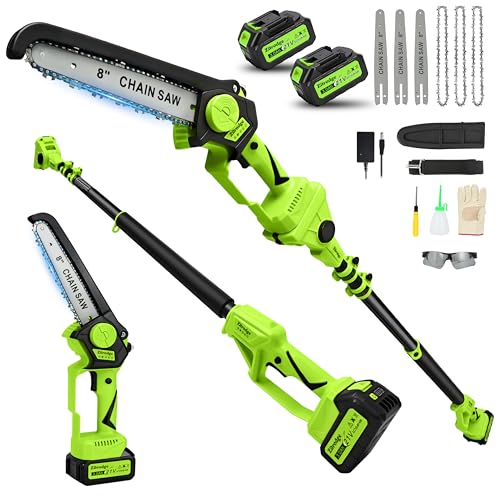 8“ Electric Pole Saws for Tree Trimming, 2-in-1 Pole Saw Cordless & Mini Chainsaw with Extension Pole, 15FT Max Reach Pole Saw Battery Powered, Tree Trimmer Limb Branch Cutter Pruner, 2×3.0Ah Battery - color: Green