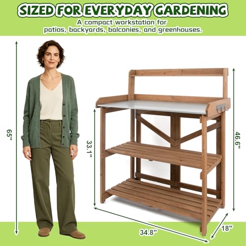 Ketive Wooden Outdoor Potting Bench with Metal Tabletop
