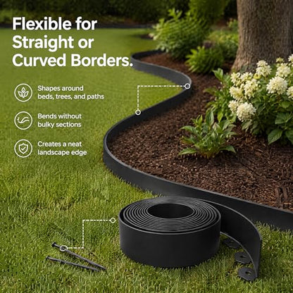 33 FT Garden Edging Border, 2 Inch Flexible Landscape Edging Kit with 30 PCS Stakes, No-Dig Tool-Free Plastic Lawn Border for Flower Beds, Yard Pathways, Landscaping Projects & Outdoor Garden Decor