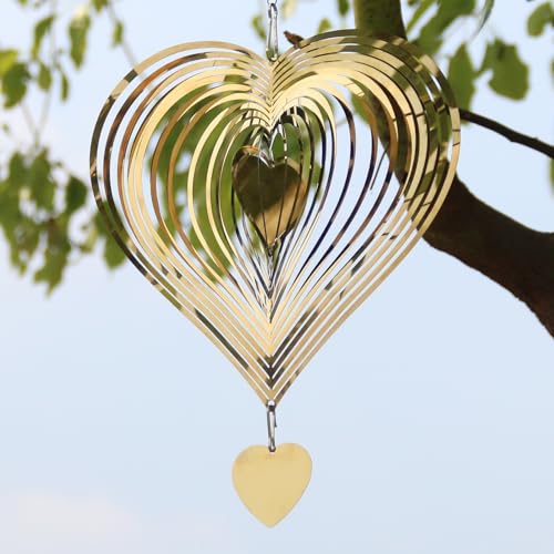 Phuryllic Wind Spinners Outdoor, Garden Decor, Bird Deterrents for Outside, 3D Metal Yard Decorations for Patio & Porch, Unique Gardening Gifts for Women & Moms - 8in Gold Heart - color: 1pc 8in Gold Heart
