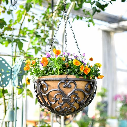 Sungmor 2PC 11" Dia. Cast Iron Hanging Baskets with Fabric Liner - Brown - color: Hanging Basket - Round