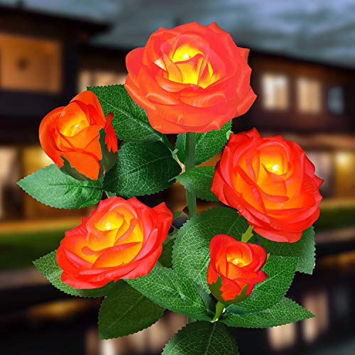 Solar Flower Lights Outdoor - Upgraded Two Modes Realistic LED Solar Powered Waterproof Roses, Decorative Stake for Garden (Orange, 1 Pack) - color: Orange, size: 1 Pack